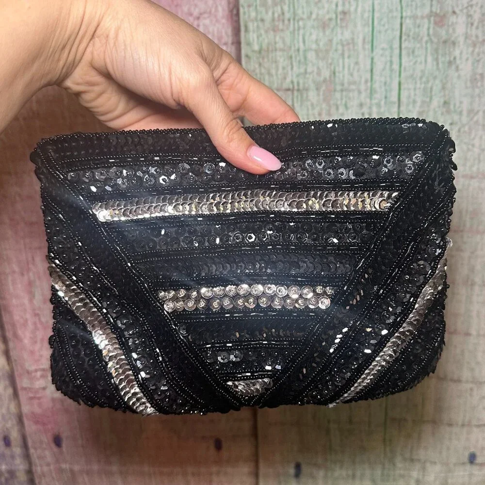 La Regale Vintage Black Beaded Clutch Sequin Handbag Beaded Hand Clutch Bag - Picture 2 of 4